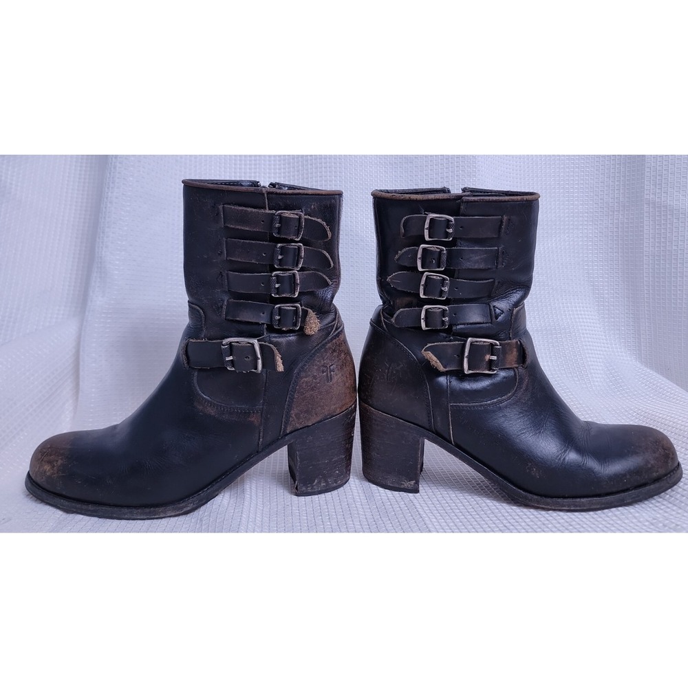Frye Kelly Belted Short Black Leather Distressed Moto Boots Women's 8.5 - Picture 5 of 13